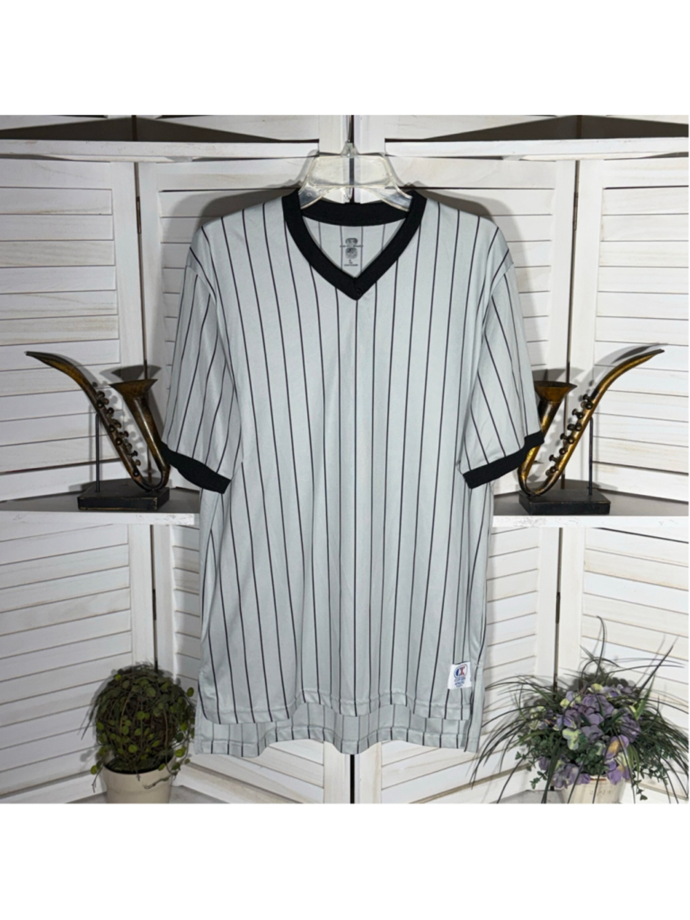 Referee shirt gray black striped Halloween costume cosplay short sleeves men's L